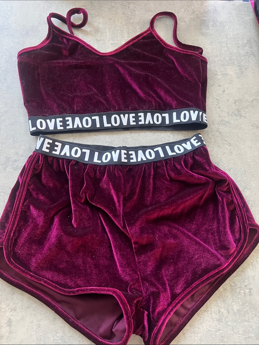 SHEIN Velvet LOVE Bralette & Shorts Set — Burgundy